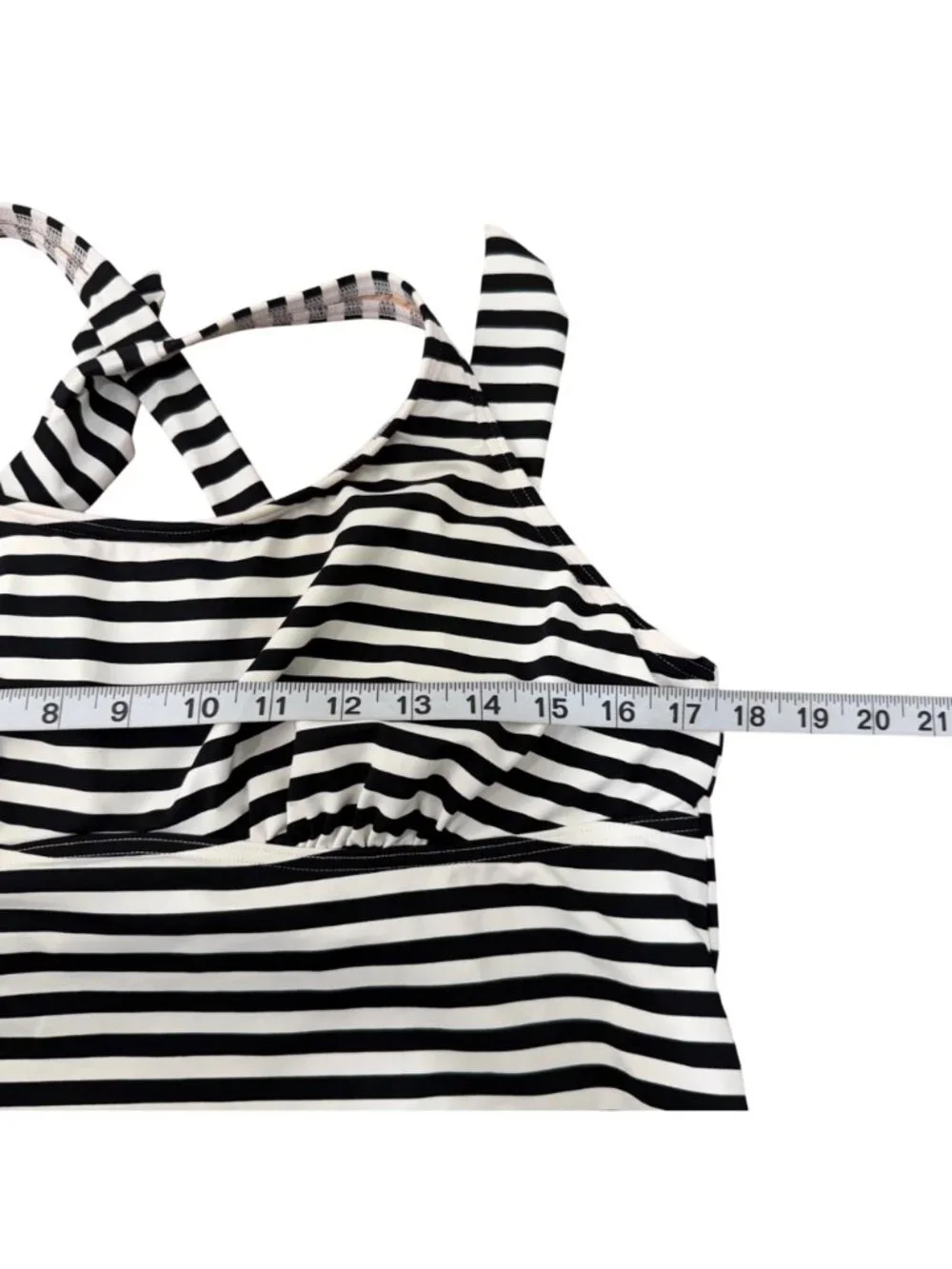 Lands End Women Black White Stripe Tankini Swim Top Size 16 Built-In Bra Support
